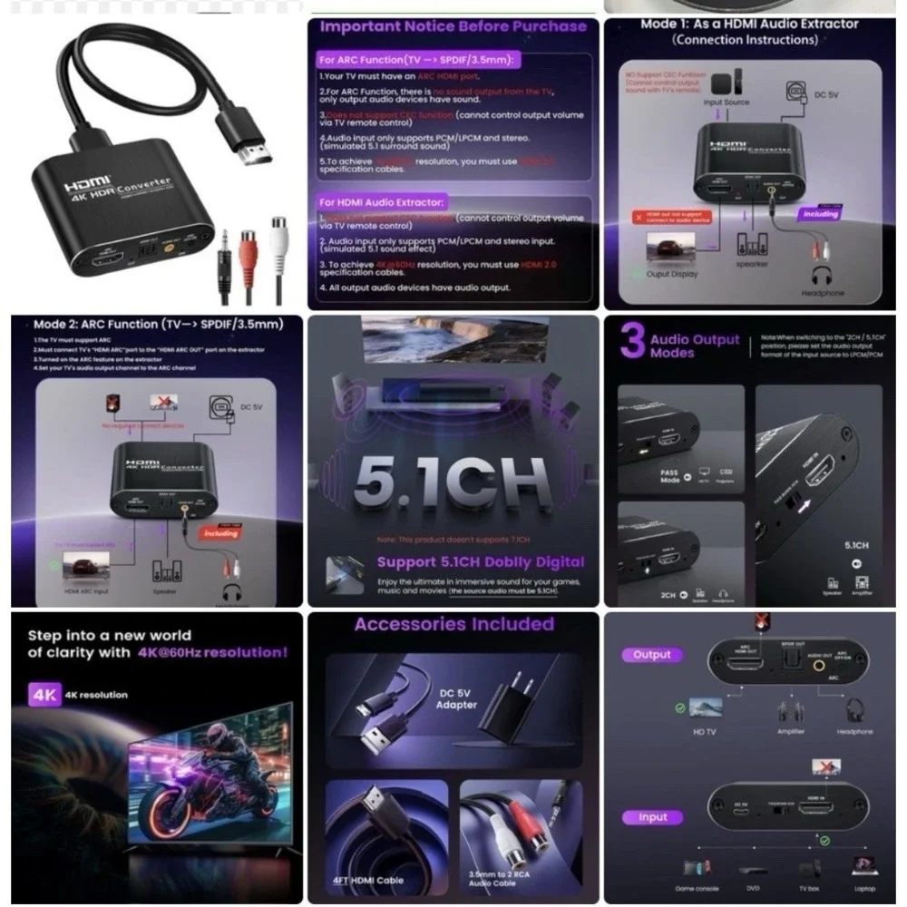 Avedio Links HDMI ARC Audio Extractor Converter 4K@60Hz, HDMI to Optical Tosl...